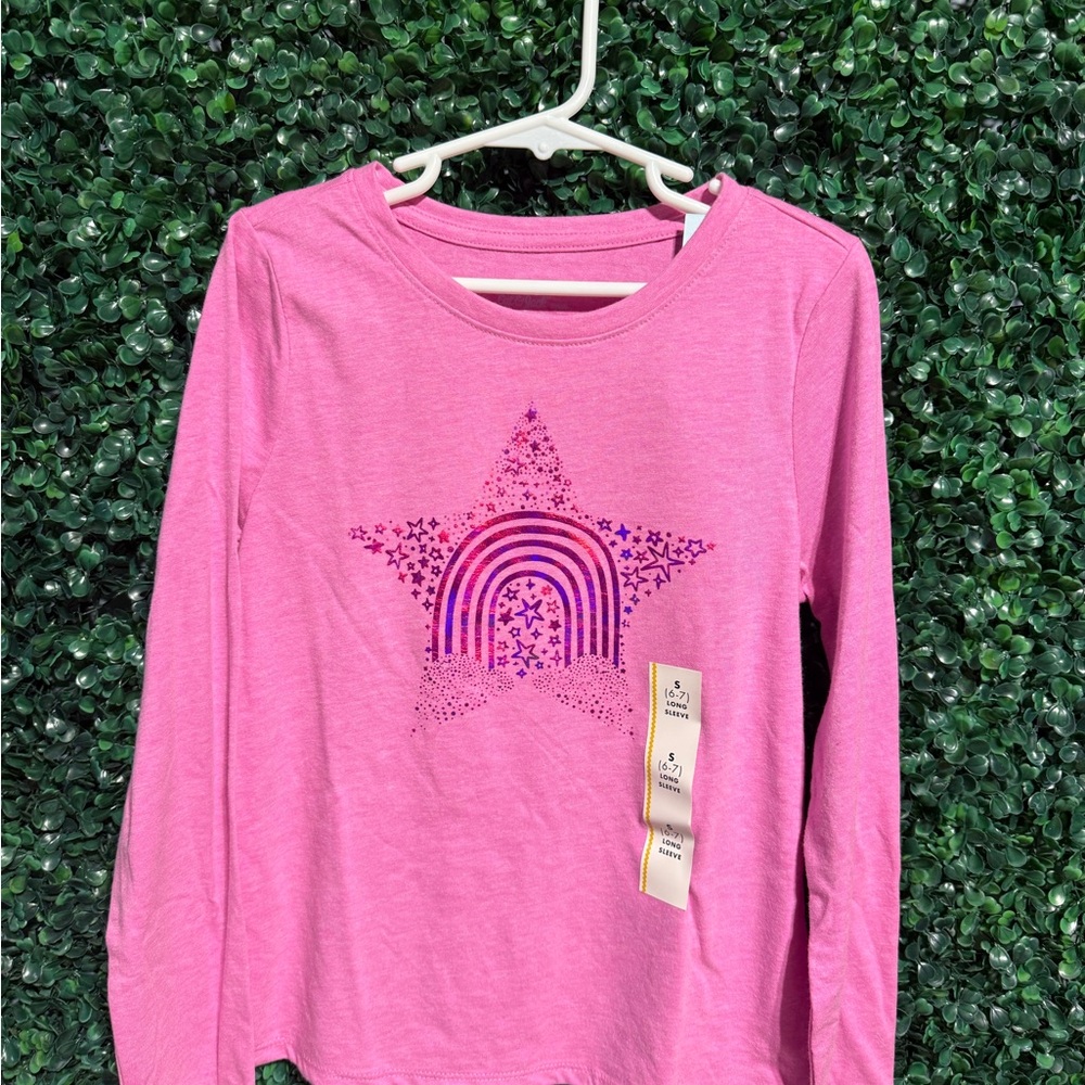 Girls' Pink Long-Sleeve Star & Rainbow Graphic Tee